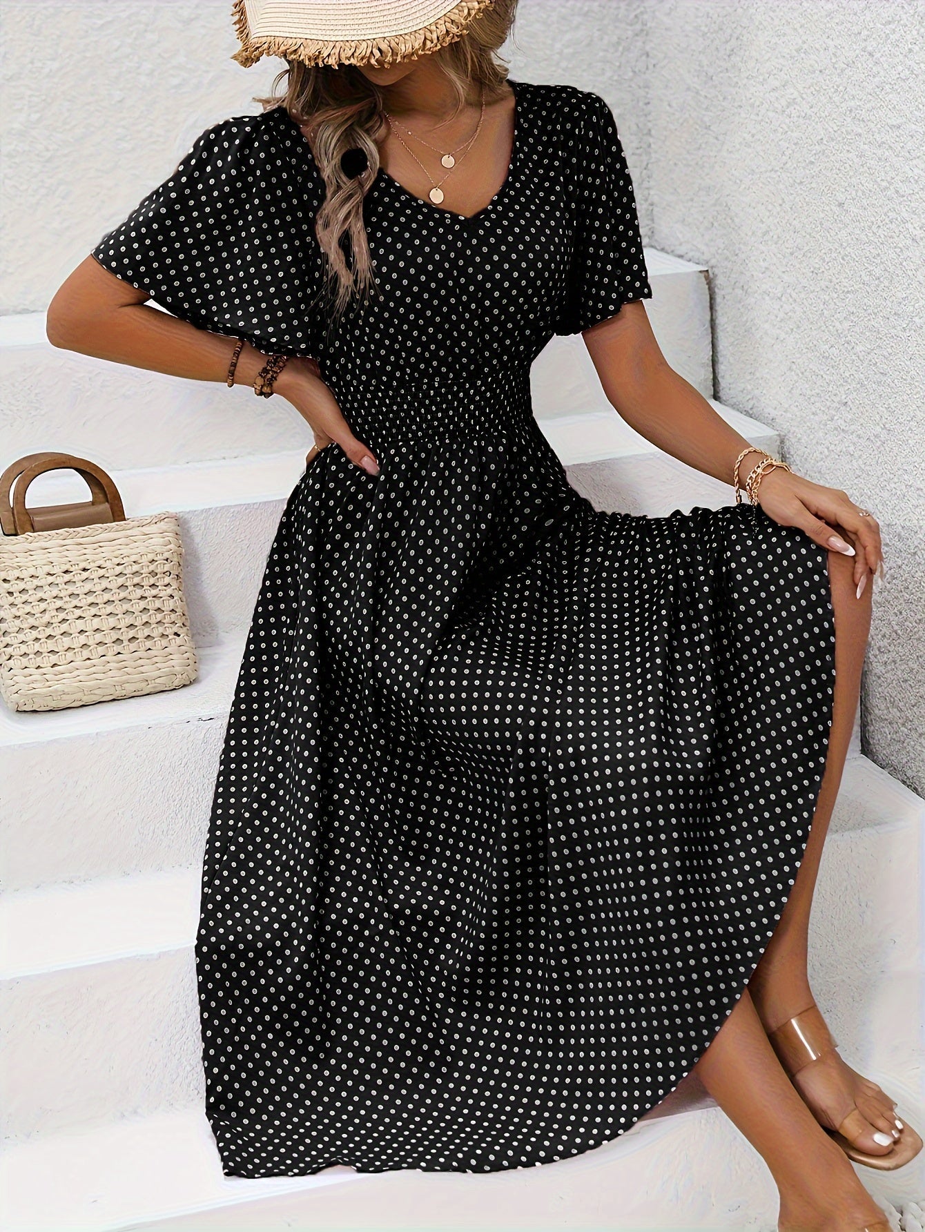 Maëva™ | Robe midi chic à pois roses - LUNAEVE