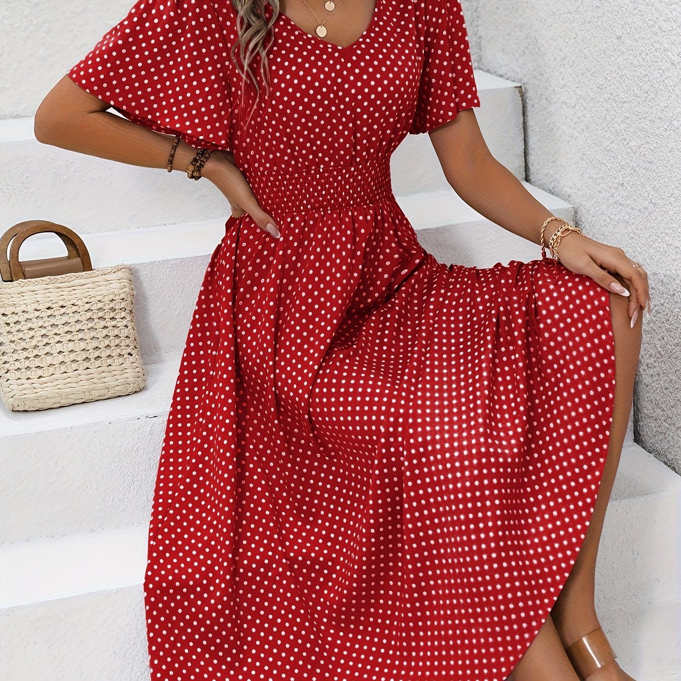 Maëva™ | Robe midi chic à pois roses - LUNAEVE