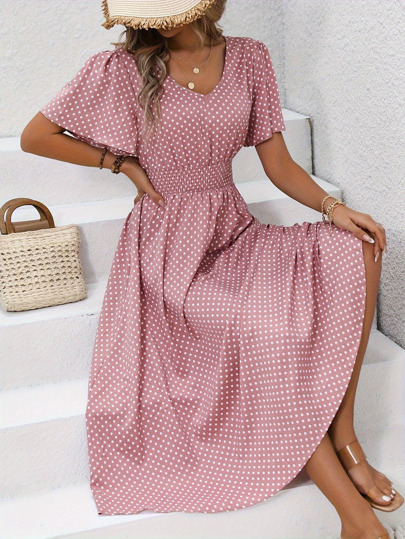 Maëva™ | Robe midi chic à pois roses - LUNAEVE