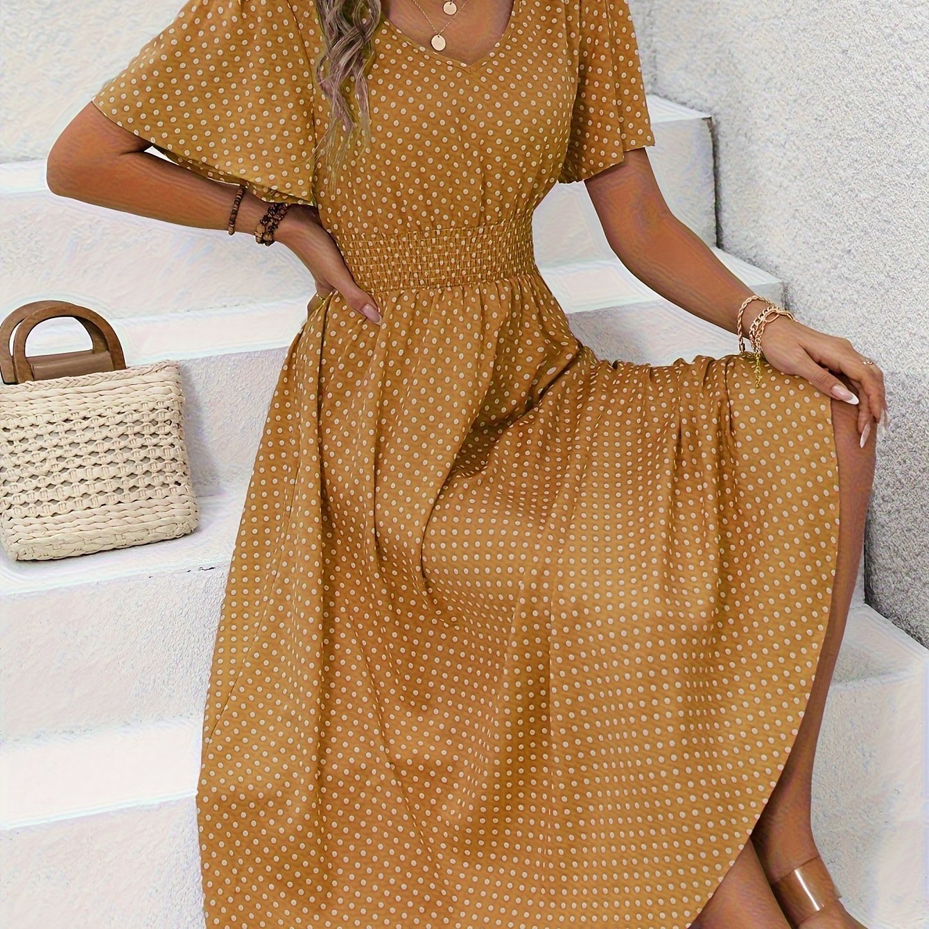 Maëva™ | Robe midi chic à pois roses - LUNAEVE